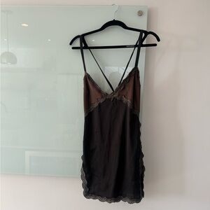 Free People Black and Brown Lace Trim Mini Dress